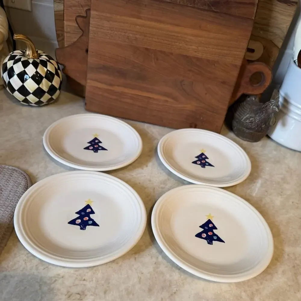 Vintage Fiesta White Plates with Blue Christmas Tree Design 1998- Set of 4